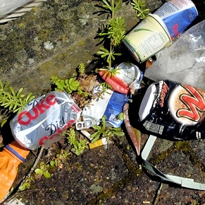 Cans and other rubbish at roadside